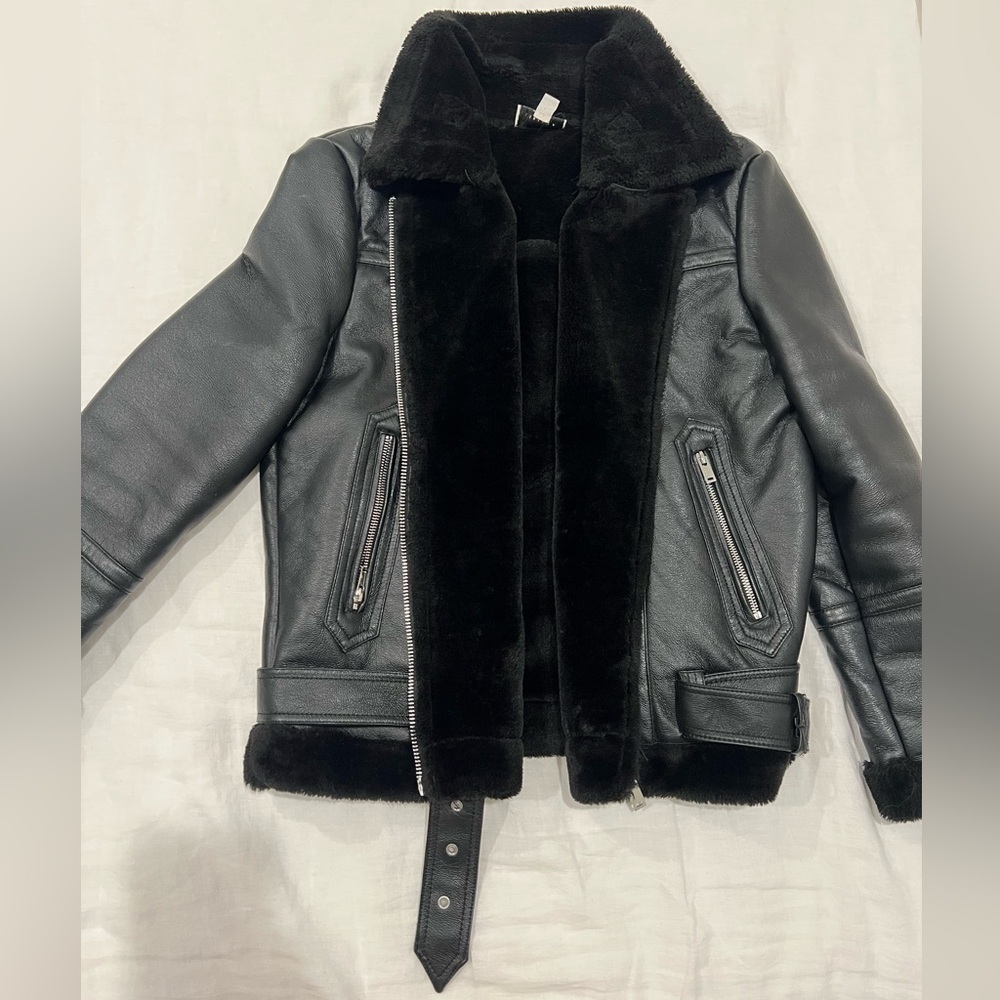 Topshop, black leather/fur jacket, size 6